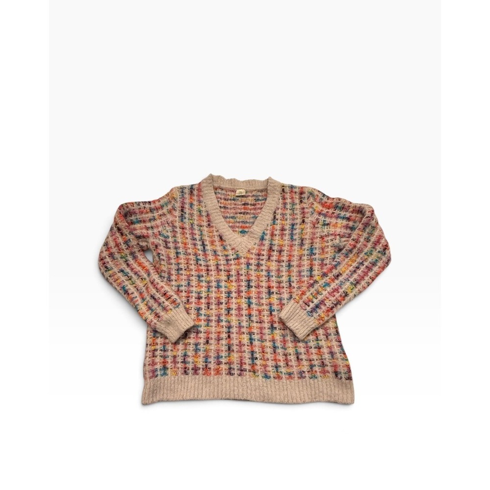 Anthropologie Current Air Vibrant Sweater Confetti Rainbow Grid V-Neck Size S/M